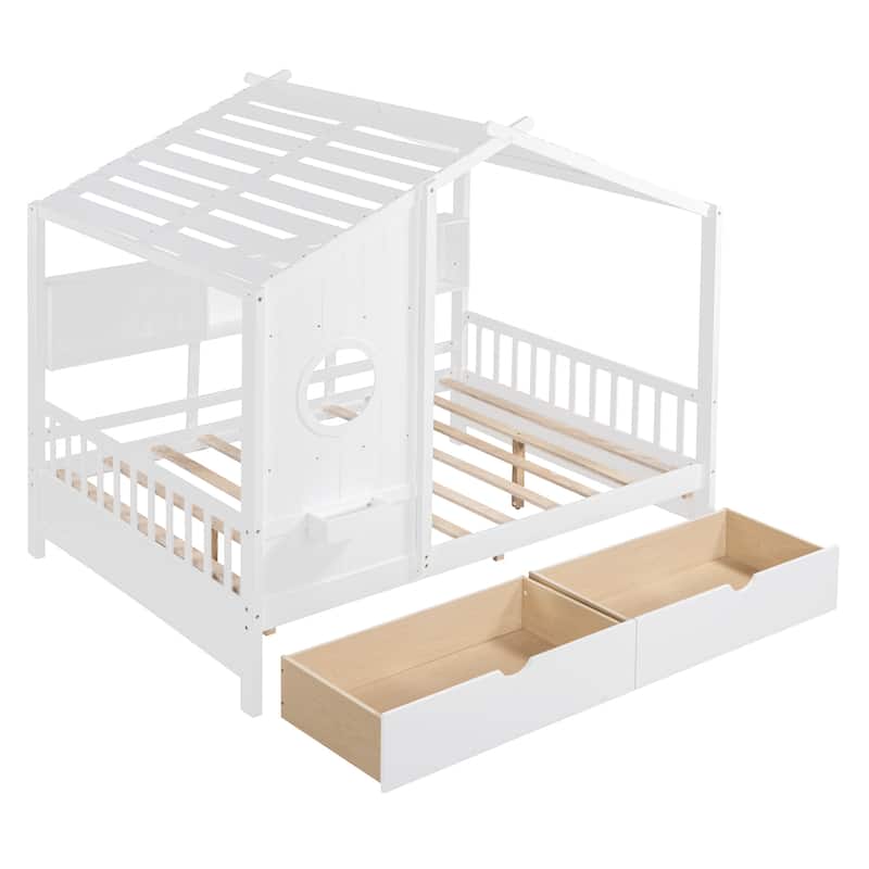 Pine House Bed with Drawers, Shelf & Roof
