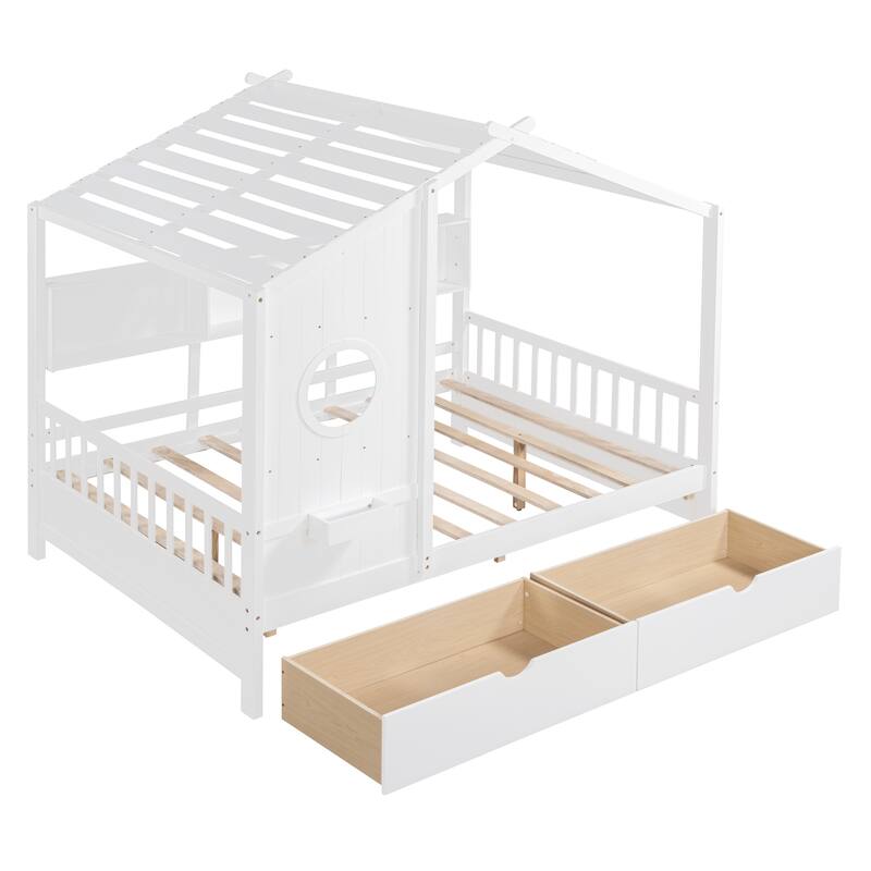 White Wooden Kids House Bed with 2 Drawers and Storage Shelf