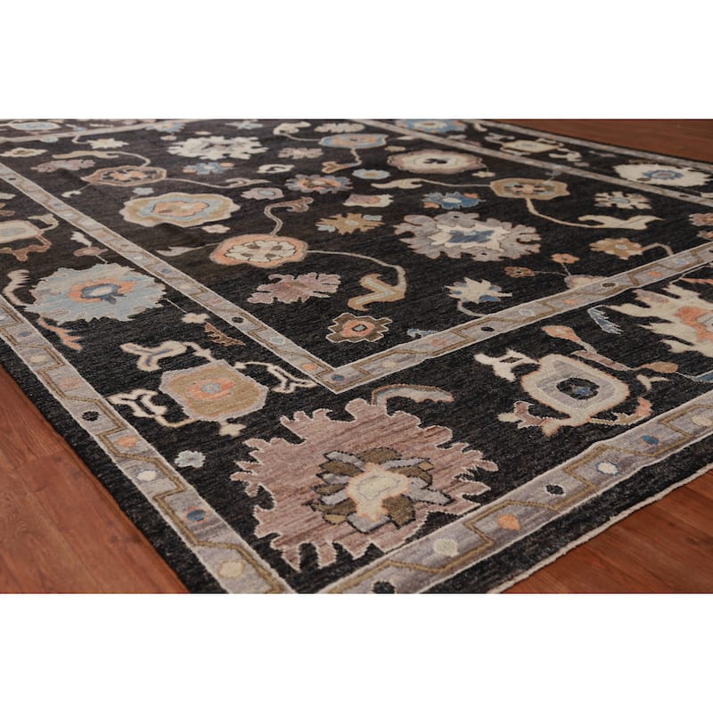 Hand Knotted Oriental 100% Wool Carpet Transitional All-Over Black Oushak Area Rug - 12' 5'' X 9' 0''
