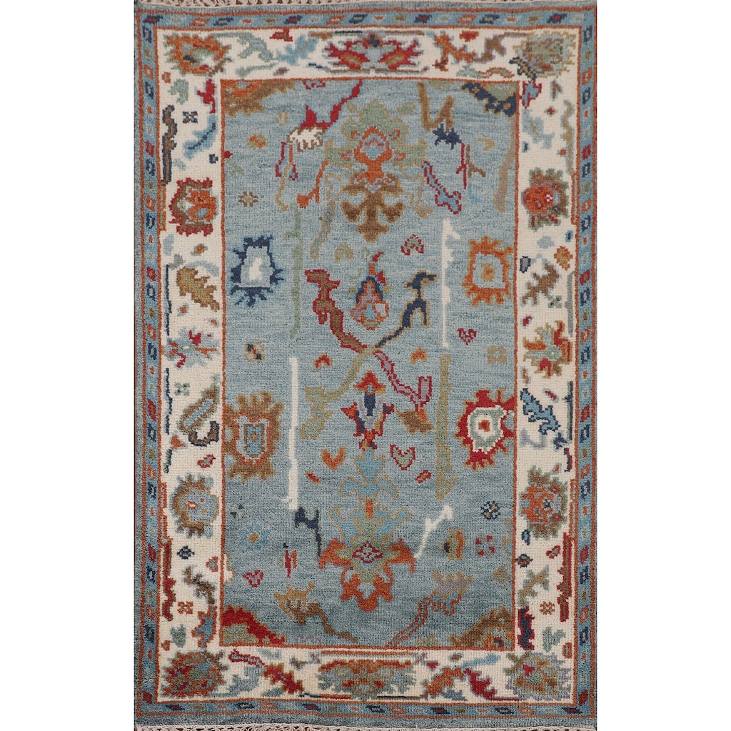 Transitional Blue Oushak Oriental Accent Rug Handmade Wool Carpet - 3'1"x 4'10"