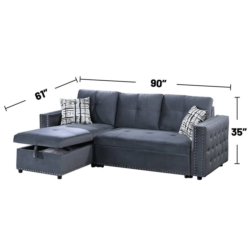 Velvet Upholstered Convertible Sectional with Nailhead Trim