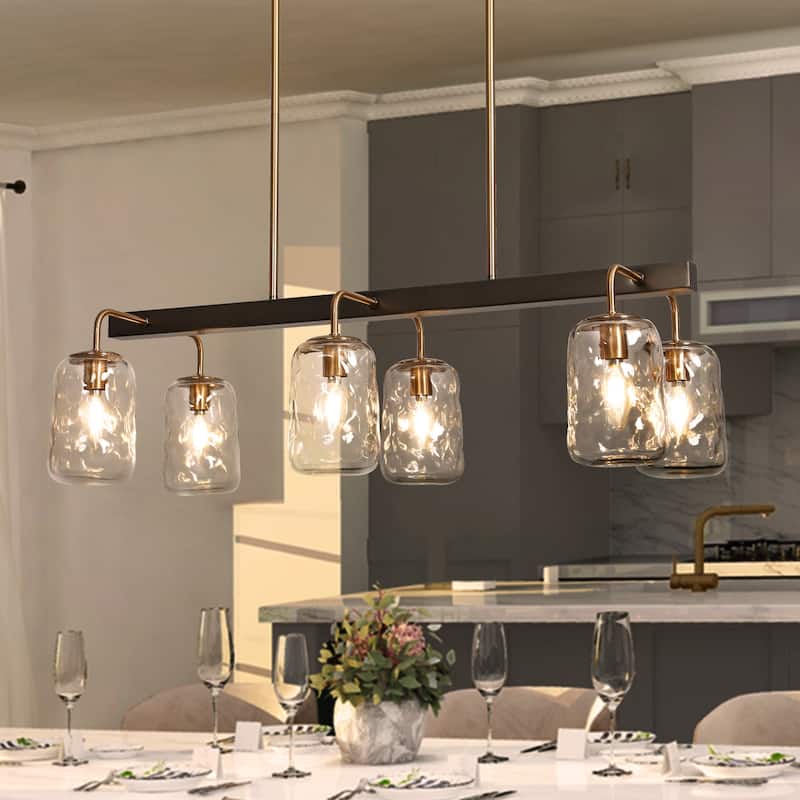 Modern 6-Light Textured Glass Chandelier Gun Black Gold Kitchen Island Light - L 33" x W14.5" x H 21.2"
