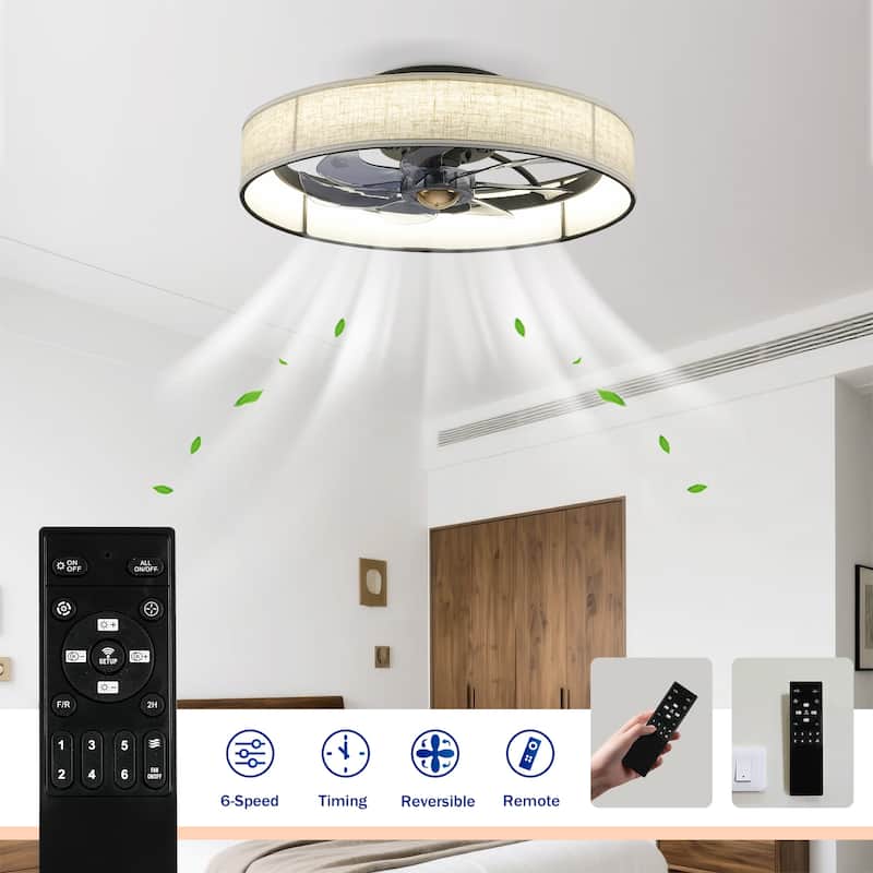 Cusp Barn 20" Farmhouse Flush Mount Ceiling Fan with Light, Quiet DC Motor Fabric Shade Fandelier Ceiling Fan For Living Room