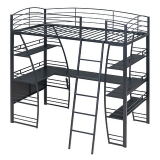 Black High Loft Bed w/ L-Shaped Desk and Storage Shelves, Metal Platform Bed w/ Curved Guardrail, USB Ports & Wireless Charging