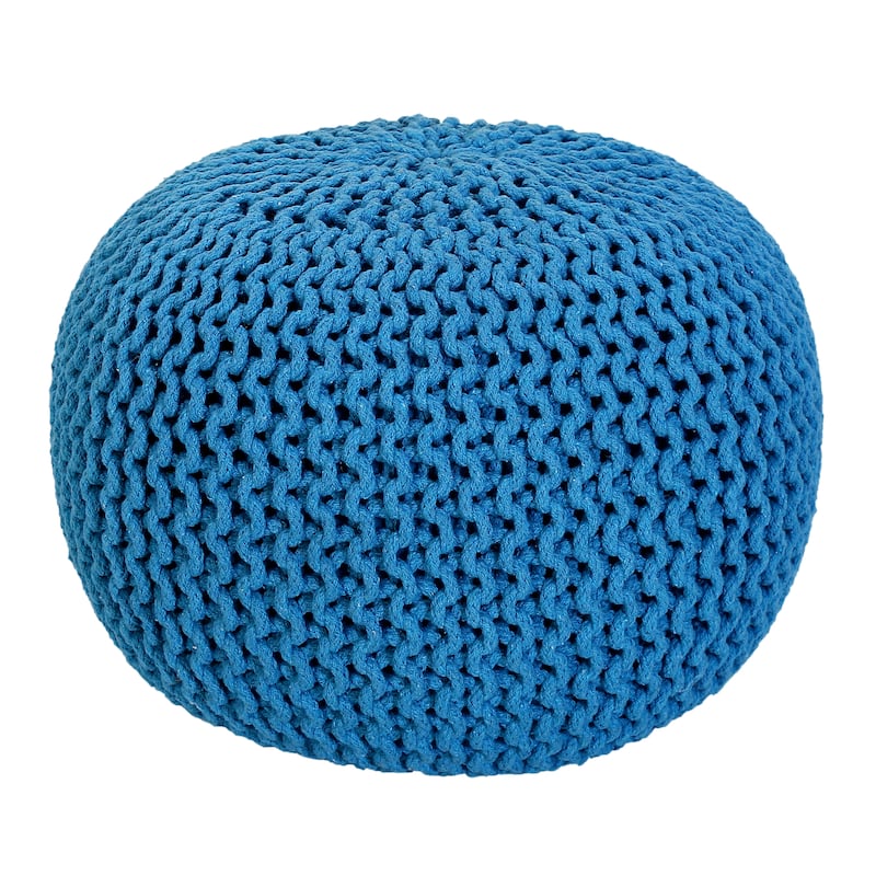 Hand Knitted Pouf Cotton Braided Cord Cable Ottoman - Foot Stool - Accent Seat Furniture Bean Bag - Living Room Kids - 18x18x14
