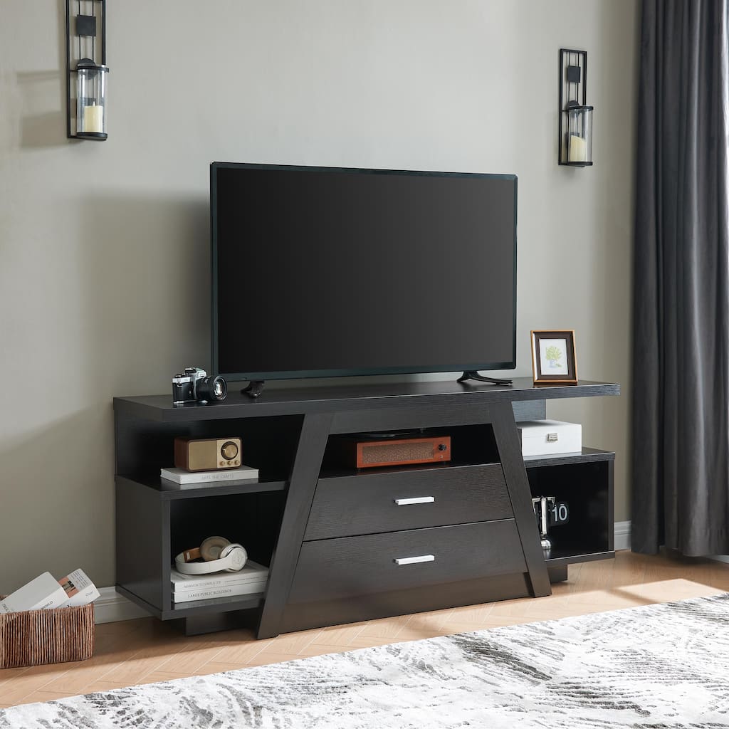 Two drawer tv stand cabinet tall with two cubbies divided shelf modern design