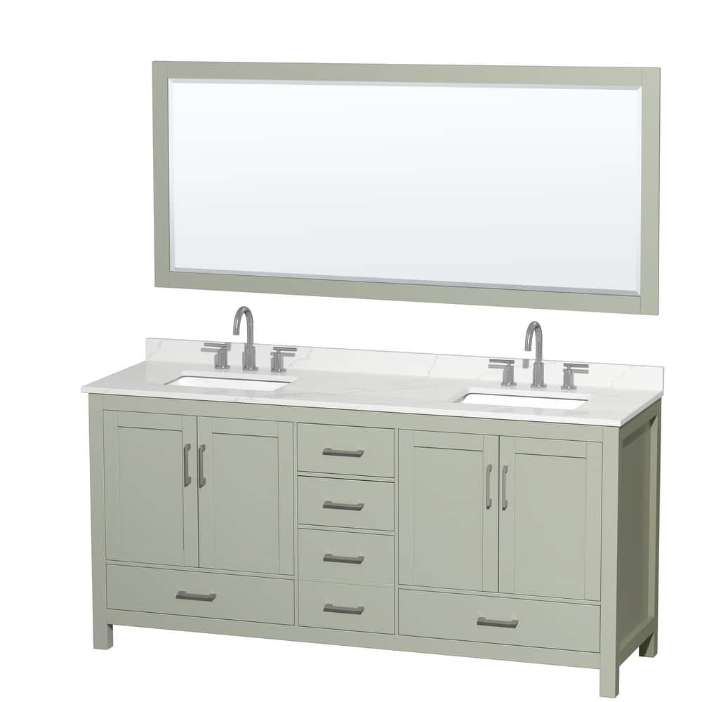 Sheffield 72-inch Double Vanity, 3 Hole Quartz Top, 70-inch Mirror