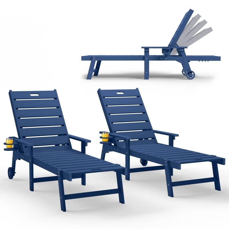 WINSOON All-Weather Outdoor Chaise Lounge Chair, 5-Level Adjustable Backrest with Cup Holder - Navyx2