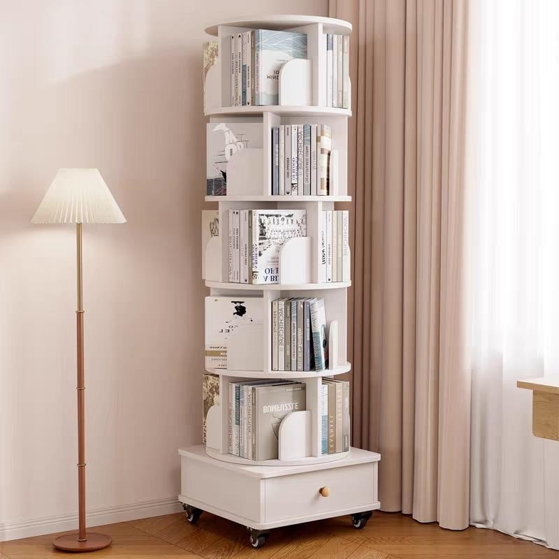 Rotating Bookshelf With Drawer, 360 Display 6 Tier Corner