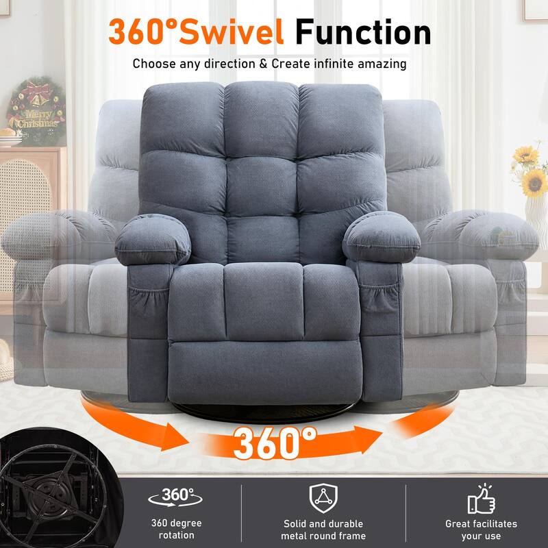 Oversized Massage Swivel Rocker Recliner Chair with Lumbar Heating and Side Pocket & USB Charge Port, Living Room Single Sofa