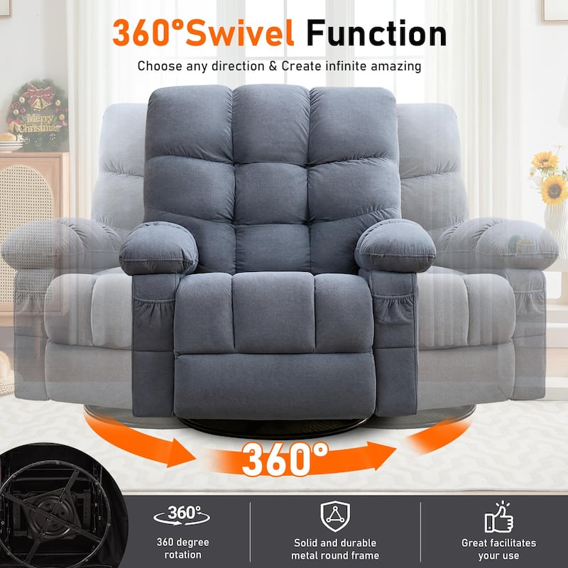 Swivel Recliner Chair with Vibration Massage and Lumbar Heating, 350LBS Recliner Single Sofa with Pocket and USB Charge Port