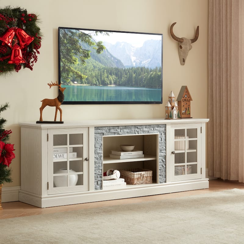 70" Modern TV Stand with 2-Door Storage, Faux Stone Media Console Cabinet, Large Entertainment Center for Living Room