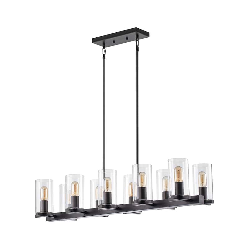10-Light Industrial Farmhouse Linear Candle Chandelier with Cylinder Clear Glass Shade