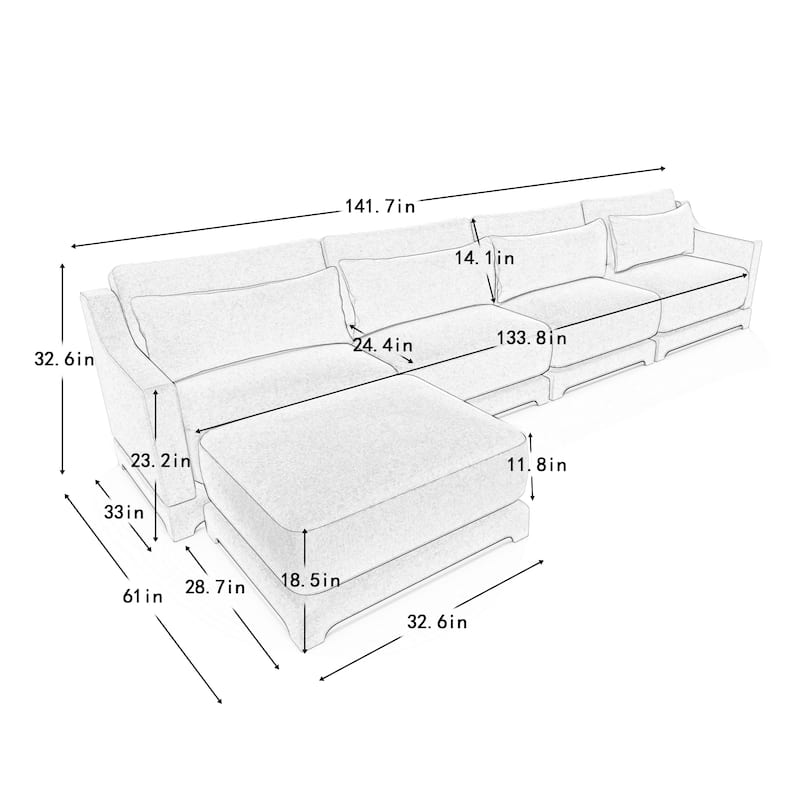 141.7" Chenille Modular 4-Seater Sofa with Movable Ottoman, High-Resilient Sponge, and Ergonomic Wooden Base