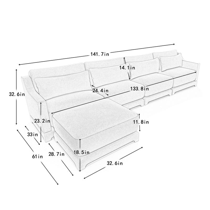 141.7" Chenille Modular 4-Seater Sofa with Ottoman & Ergonomic Wood Base