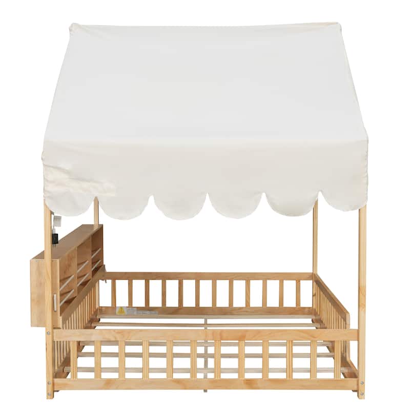 Full Size House-Shaped Daybed with Storage Bookshelves, Canopy Curtain and LED Light, Wooden Floor Bed with Fence