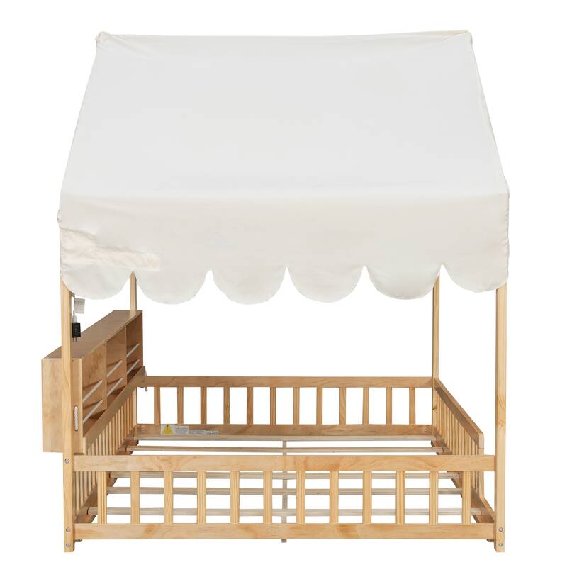 GDFStudio - Solid Wood Full Size House Floor Bed with Storage Shelves and LED