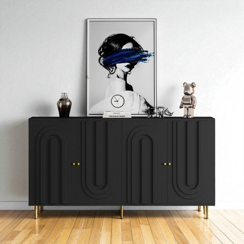 Modern Lacquered 4-Door Sideboard Buffet Cabinet with Adjustable Shelves and Gold Metal Legs, MDF Storage Cabinet.