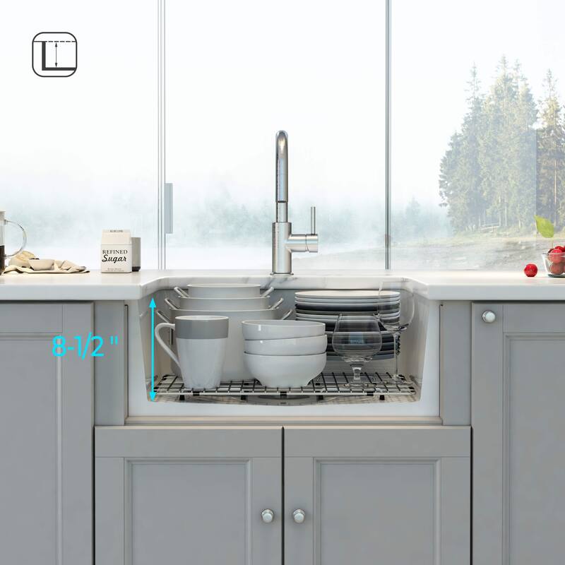 White Fireclay Farmhouse Undermount Kitchen Sink with Bottom Grid and Strainer