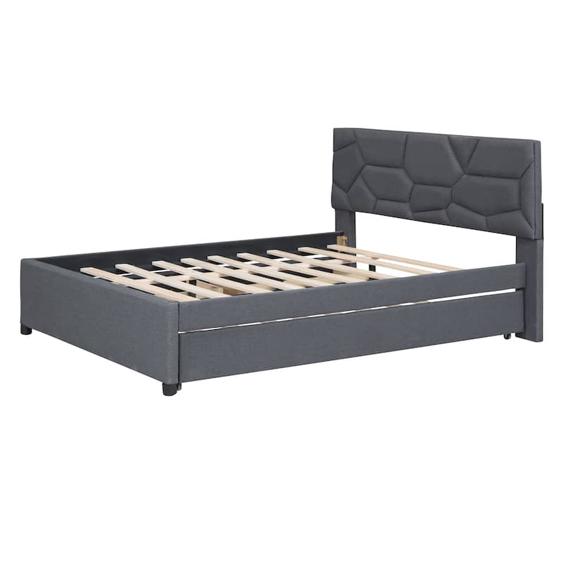 Full Linen Platform Bed with Trundle, Drawers, and Brick Headboard