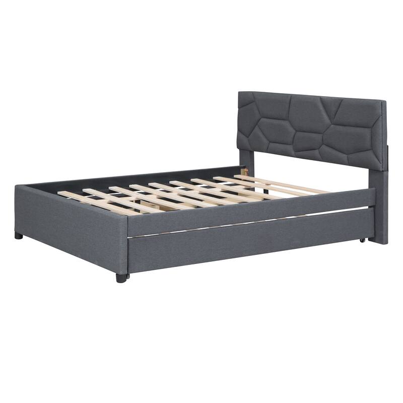 Full Upholstered Platform Bed with Brick Headboard, Twin Trundle, 2 Drawers, Gray Linen Fabric