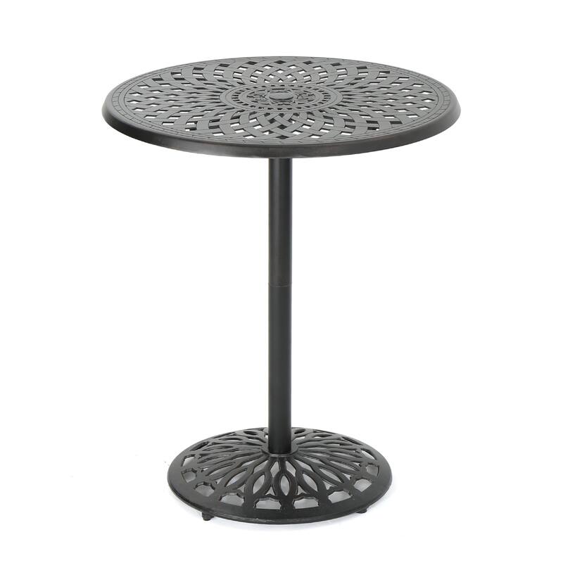 Outdoor Bar Table, 35 Inch Round Carved Top, Antique Bronze Aluminum