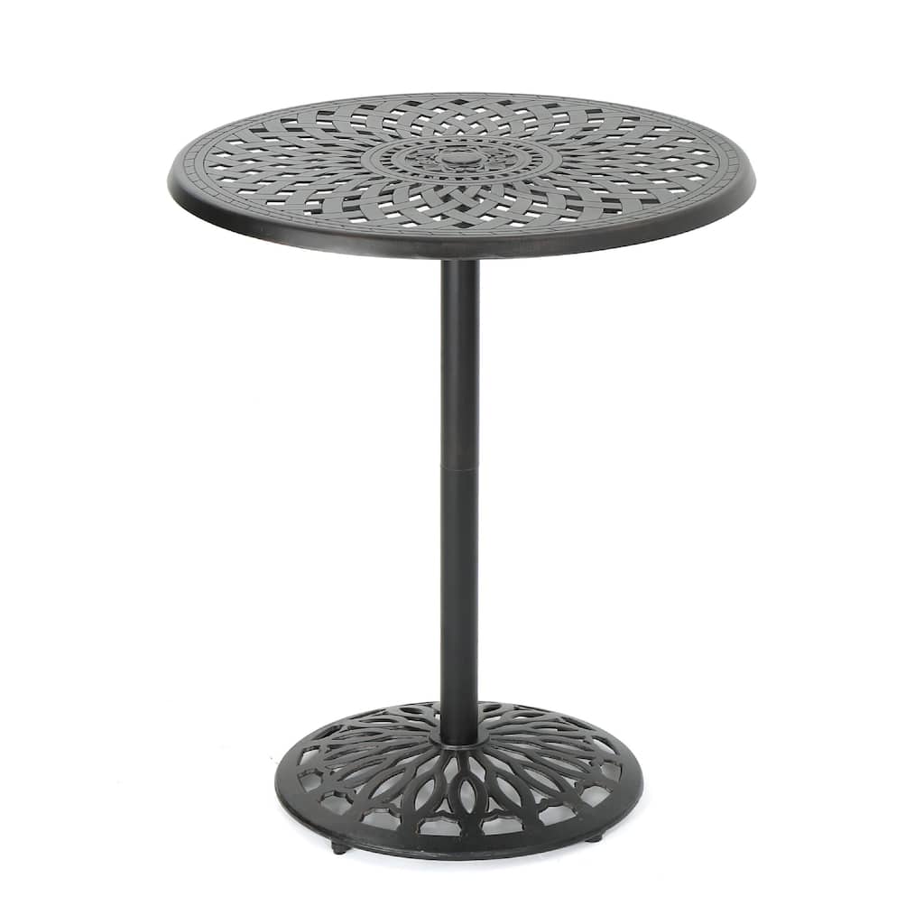 Outdoor Bar Table, 35 Inch Round Carved Top, Antique Bronze Aluminum