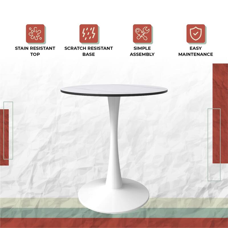 Bristol 27" Round Dining Table Sintered Stone Tabletop & White Stainless Steel Pedestal Base for Kitchen & Dining Room
