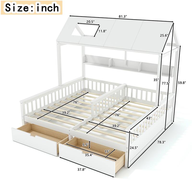 Double Twin Platform Bed with Storage Shelves and Drawers, House Platform Bed with Support Slats, Childlike
