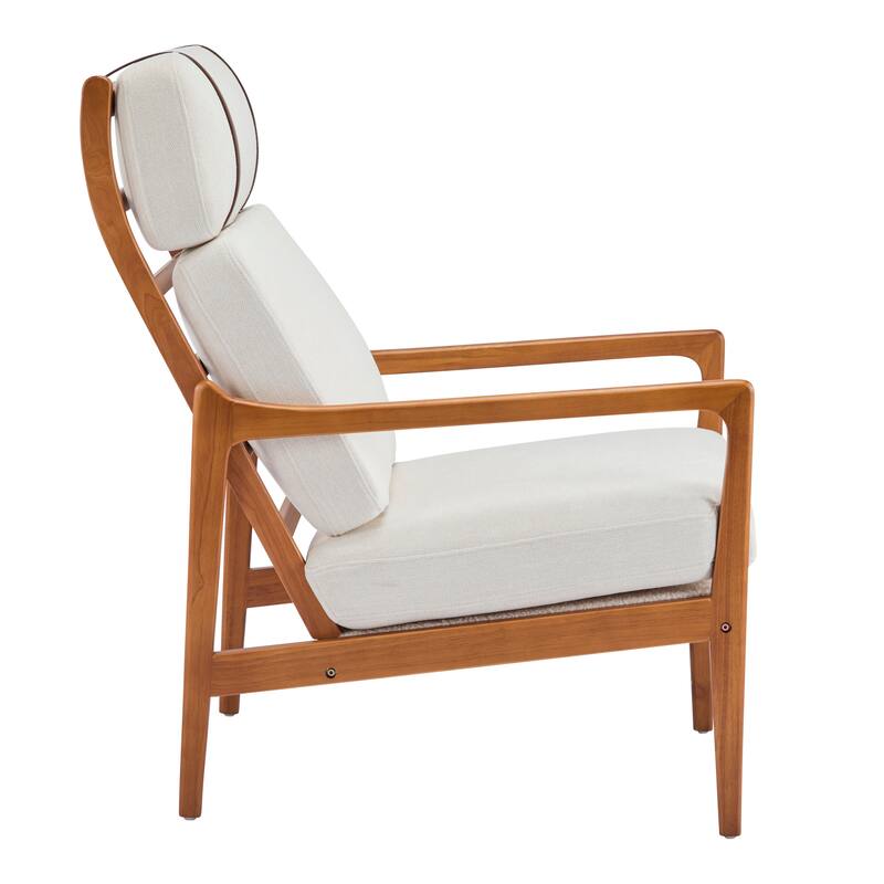 Mid Century Modern Accent Armchair, Solid Wood Frame with High Back, Beige Upholstered Cushions, Ergonomic Lounge Chair