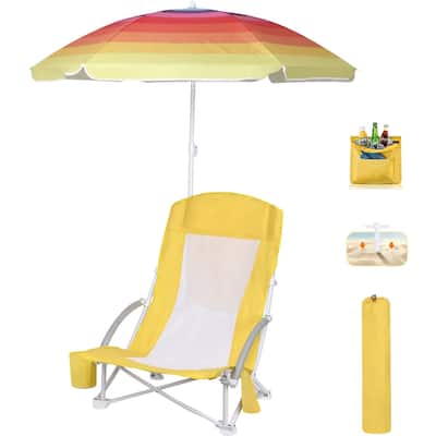 Beach Chair, Beach Chair with Umbrella, Beach Chair for Adults Camping Chair High Back with Umbrella and Cooler, Lightweight