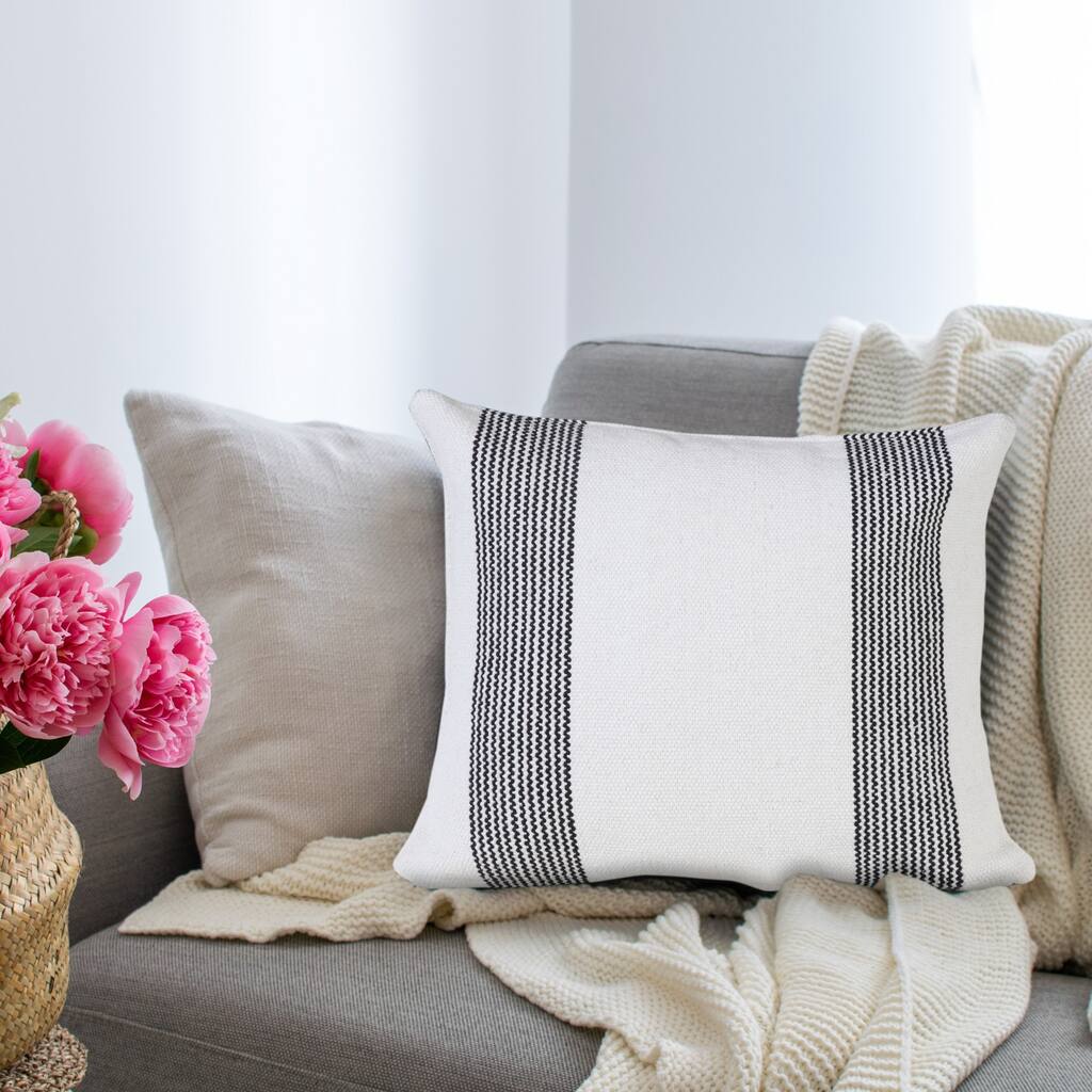 Handwoven Geometric Striped Cotton Throw Pillow Cover - 20" - White and Black