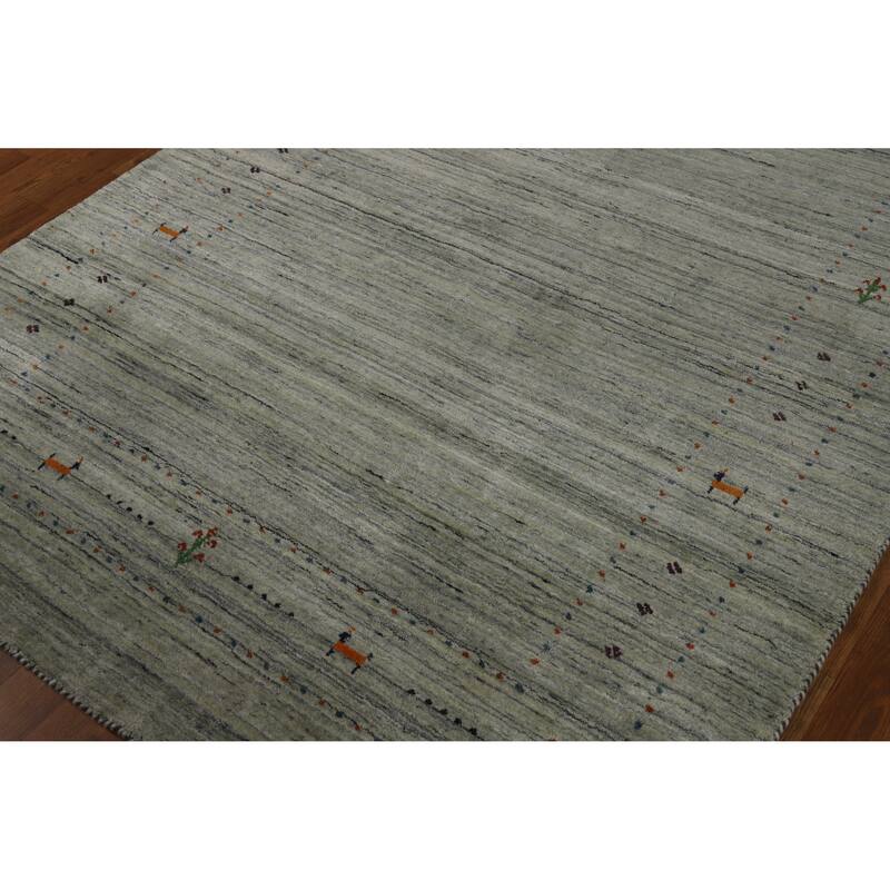 Striped Green Gabbeh Indian Area Rug Handmade Wool Carpet - 5'0" x 8'1"