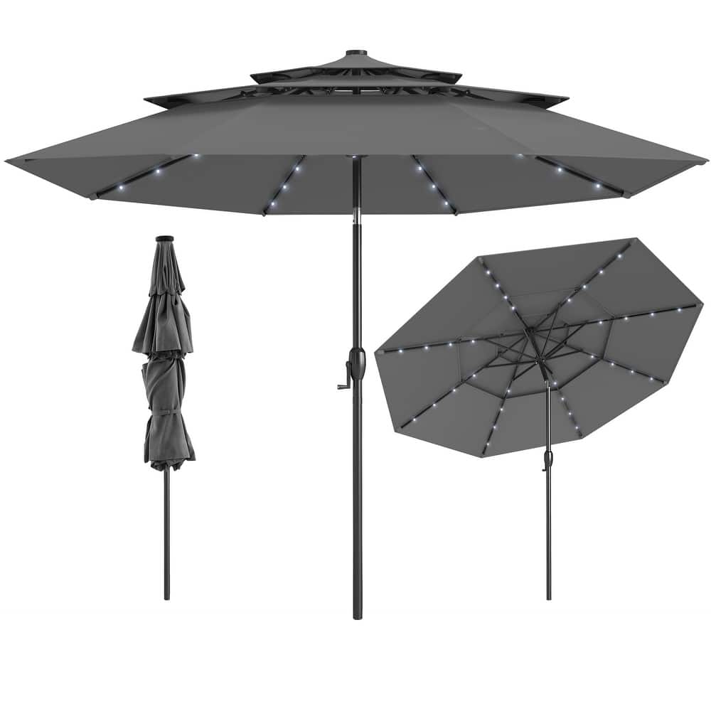 Gymax 10 FT Solar Patio Umbrella w/ 32 LED Lights 3-Tier Vented Top