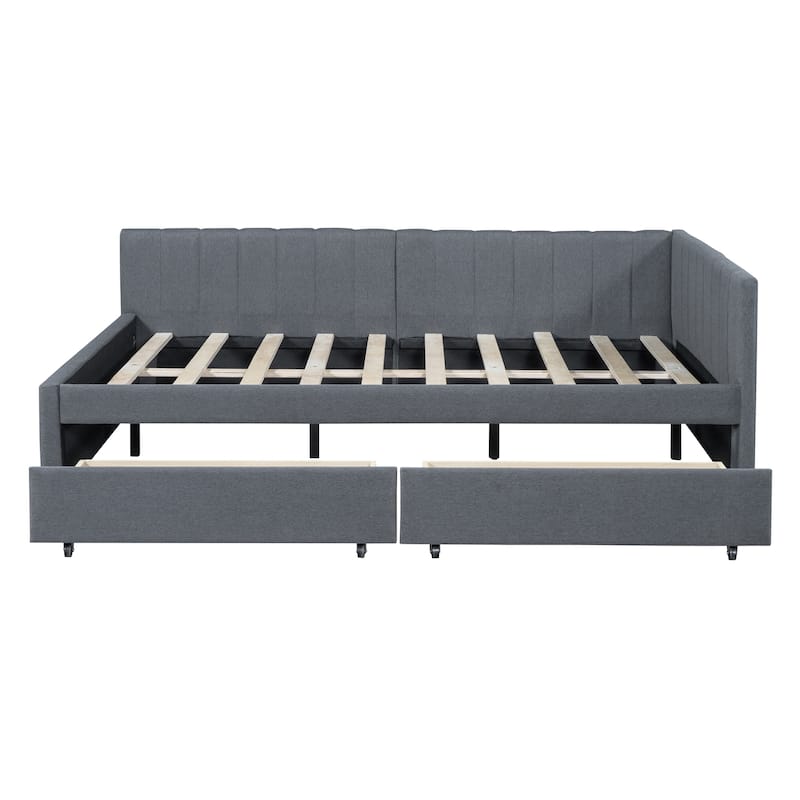 L-Shaped Backrest Daybed Upholstered Daybed Frame Classic Wood Slats Design with 2 Storage Drawers - Full Size - Grey