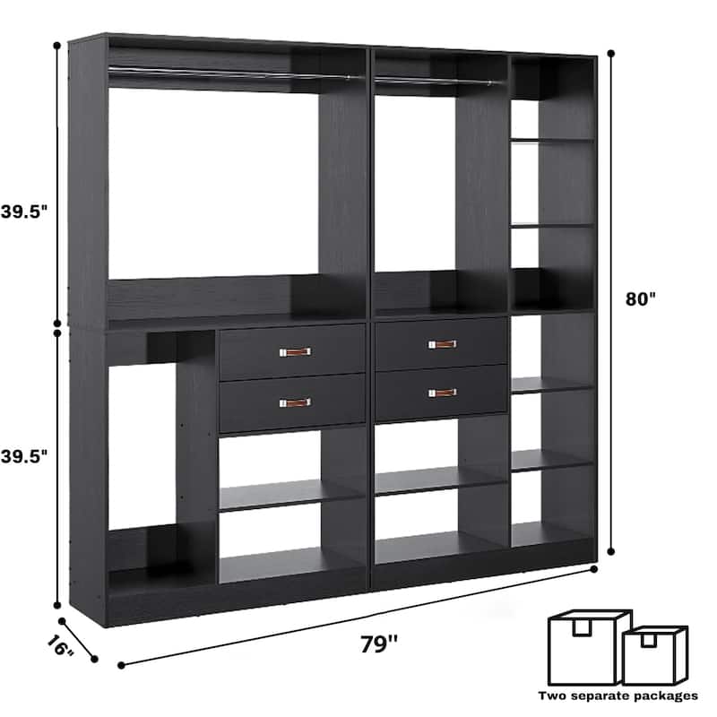 Vryon 110'' Set of 3 Freestanding Corner Closet System, Reversible Closet Organizer with Drawers and Hanging Rods