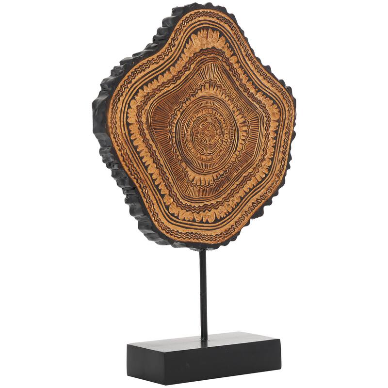 Brown Resin Abstract Carved Tribal Decorative Sculpture with Black Stand and Wavy Edge