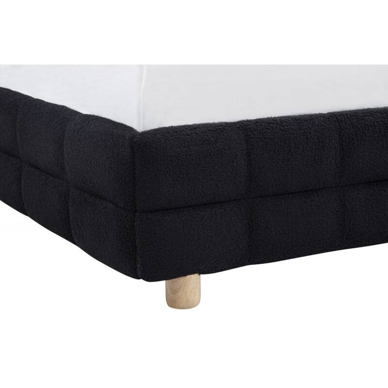 Queen Size Platform Bed with Fleece Upholstery and Grid-Patterned Headboard, Low Profile Modern Bed Frame in Black