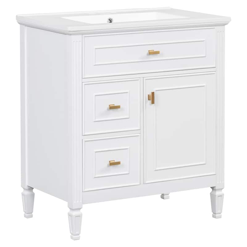 GDFStudio - Avalon 30-Inch Freestanding Bathroom Vanity with Ceramic Sink, Flip Drawer, Solid Wood & MDF Board