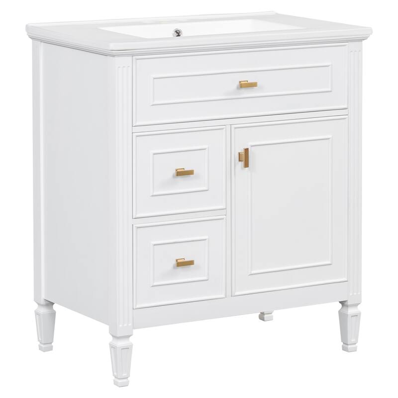 Roomfitters 30" Bathroom Vanity with Ceramic Sink, Solid Wood Frame with Flip Drawer, 2 Side Drawers & Adjustable Shelf