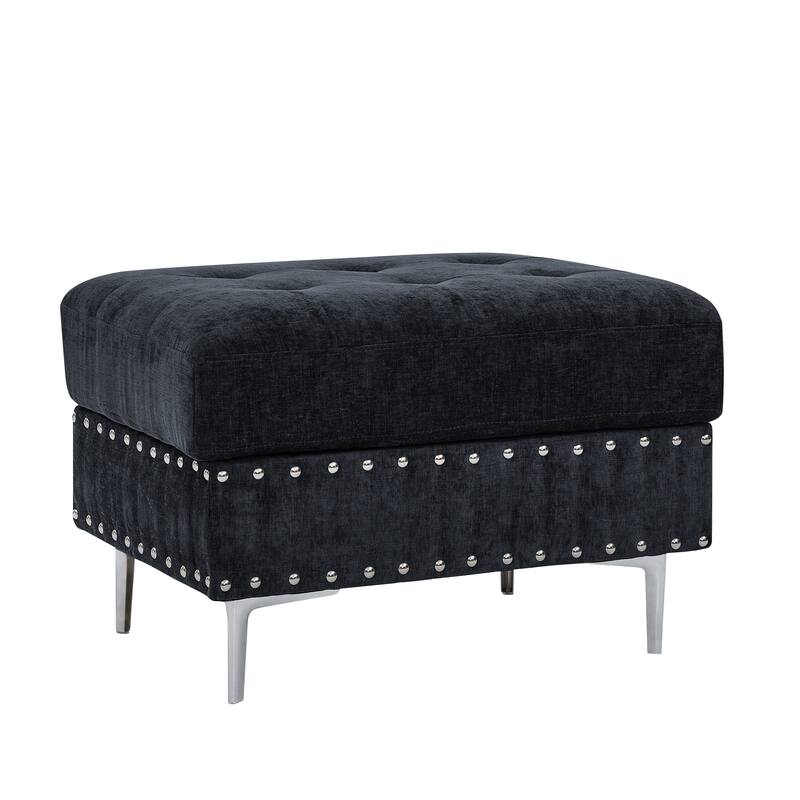 Chenille L-Shaped Sectional Sofa with Chaise & Storage Ottoman, Corner Sofa with 2 Pillows, Metal Legs & Copper Nails