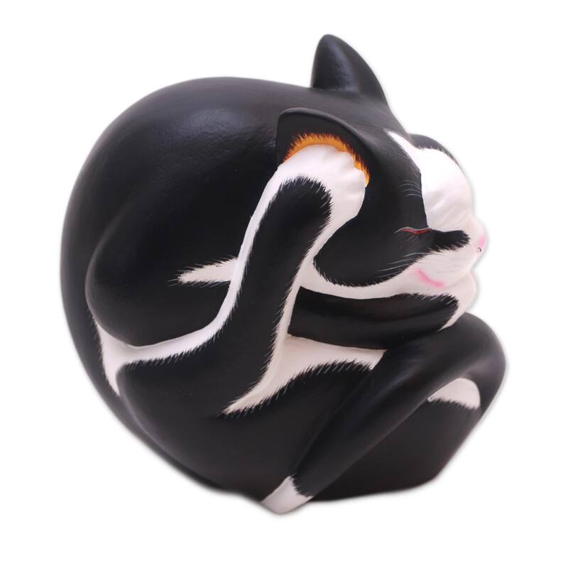 Novica Handmade Black And White Yogi Cat Wood Sculpture