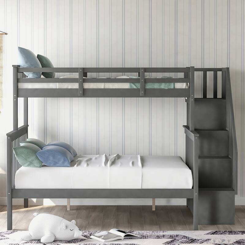 Roomfitters Stairway Twin Over Full Bunk Bed with Storage Drawers and Trundle, Guard Rail - Grey