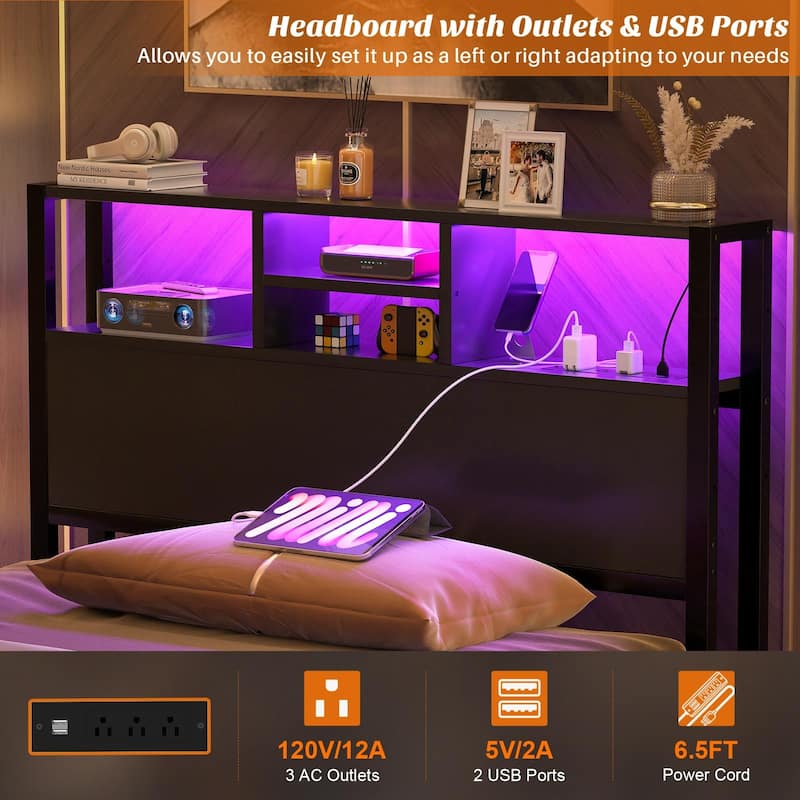 Headboard with Storage and Charge Station, Platform Bed Heaboard with LED Lights