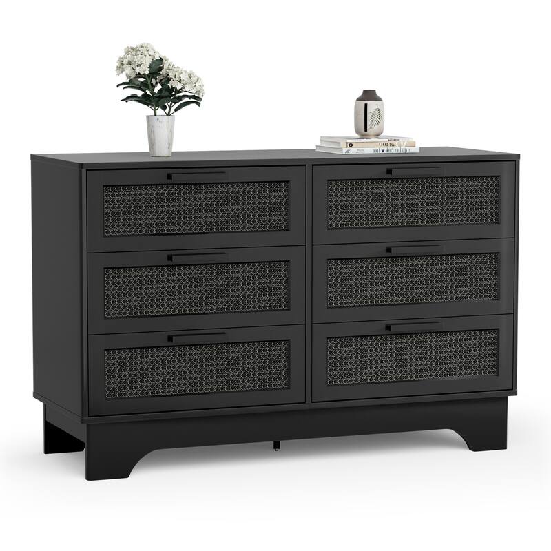 Anmytek Modern Black 6-Drawer Double Dresser for Bedroom Wood Rattan Chest of Drawers