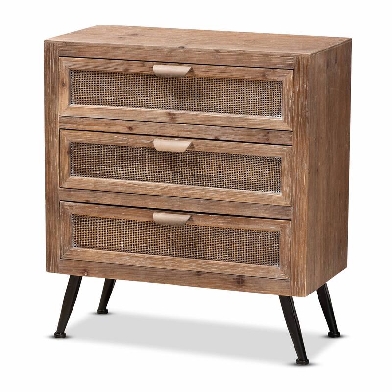 Calida Whitewashed Natural Brown Wood and Rattan 3-Drawer Cabinet - Oak