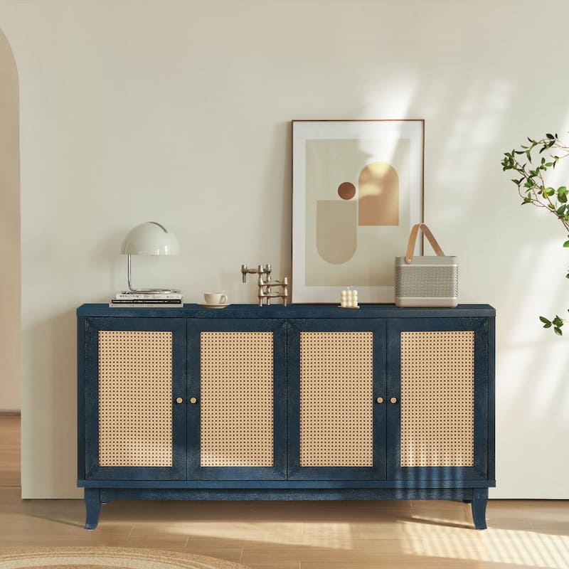 Modern Rattan Door Sideboard Buffet Cabinet with Adjustable Shelves for Living Room & Entryway Storage - Antique Navy Blue