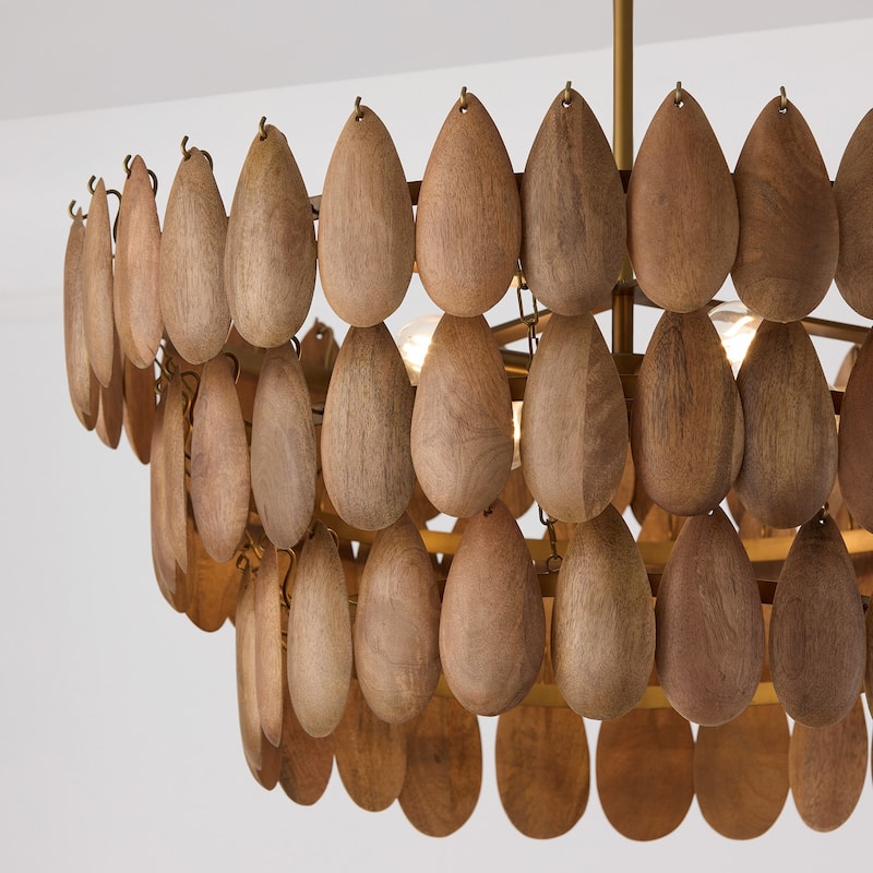 4-Light Pendant in Hand-distressed Patinaed Brass and Handcrafted Mango Wood