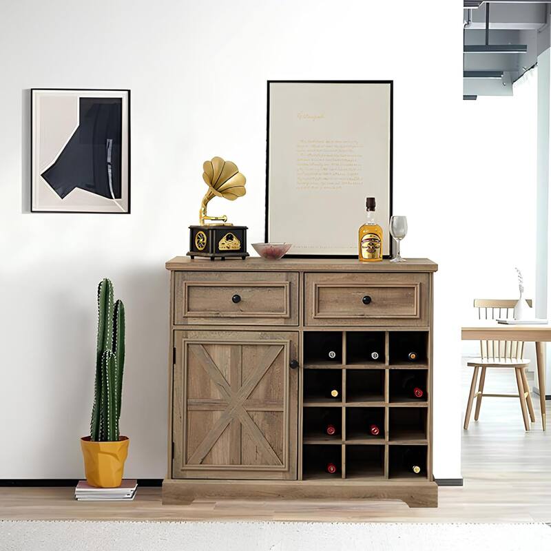 Roomfitters Farmhouse Buffet Cabinet with Storage Sideboard with 2 Drawers, Wine Bar Cabinet with Removable Wine Racks Storage