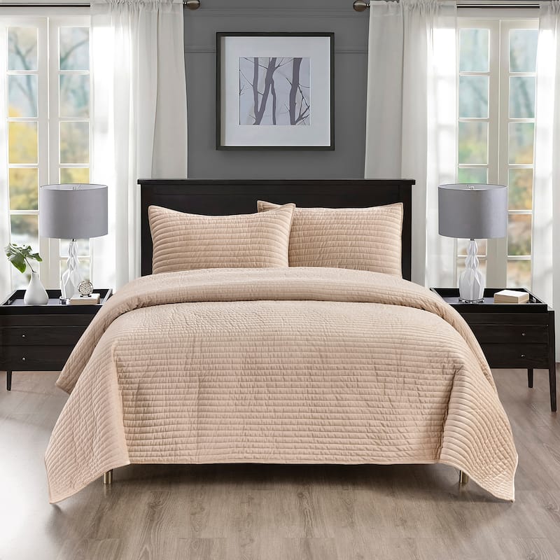 Pointehaven Heavy-Weight Oversized Channel Design Velvet Quilt Sets - Taupe - Full - Queen